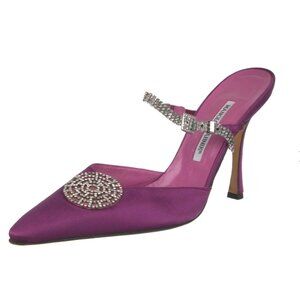 Manolo Blahnik Satin Magenta Pink Purple Mules Heels Silver Rhinestone Buckle
